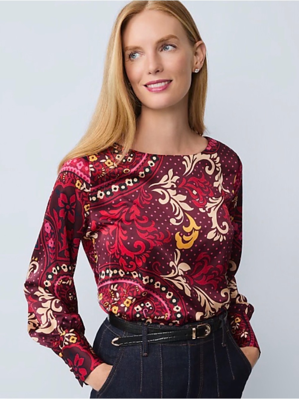 NWT Ann Taylor Paisley Satin Boatneck Popover in Burgundy Size Small